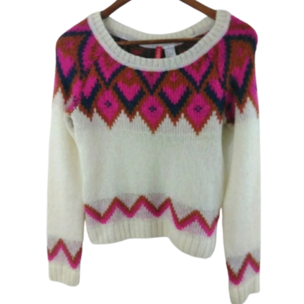 Divided by H&M Cream Pink Southwest Sweater Pullover Scoop Neck Top Sweater